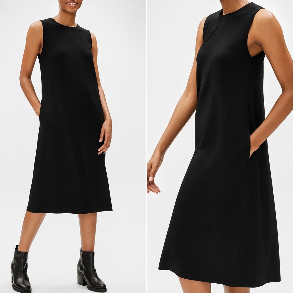 Eileen Fisher NEW Black Boiled Wool Jersey Lantern Midi Dress SZ Medium System